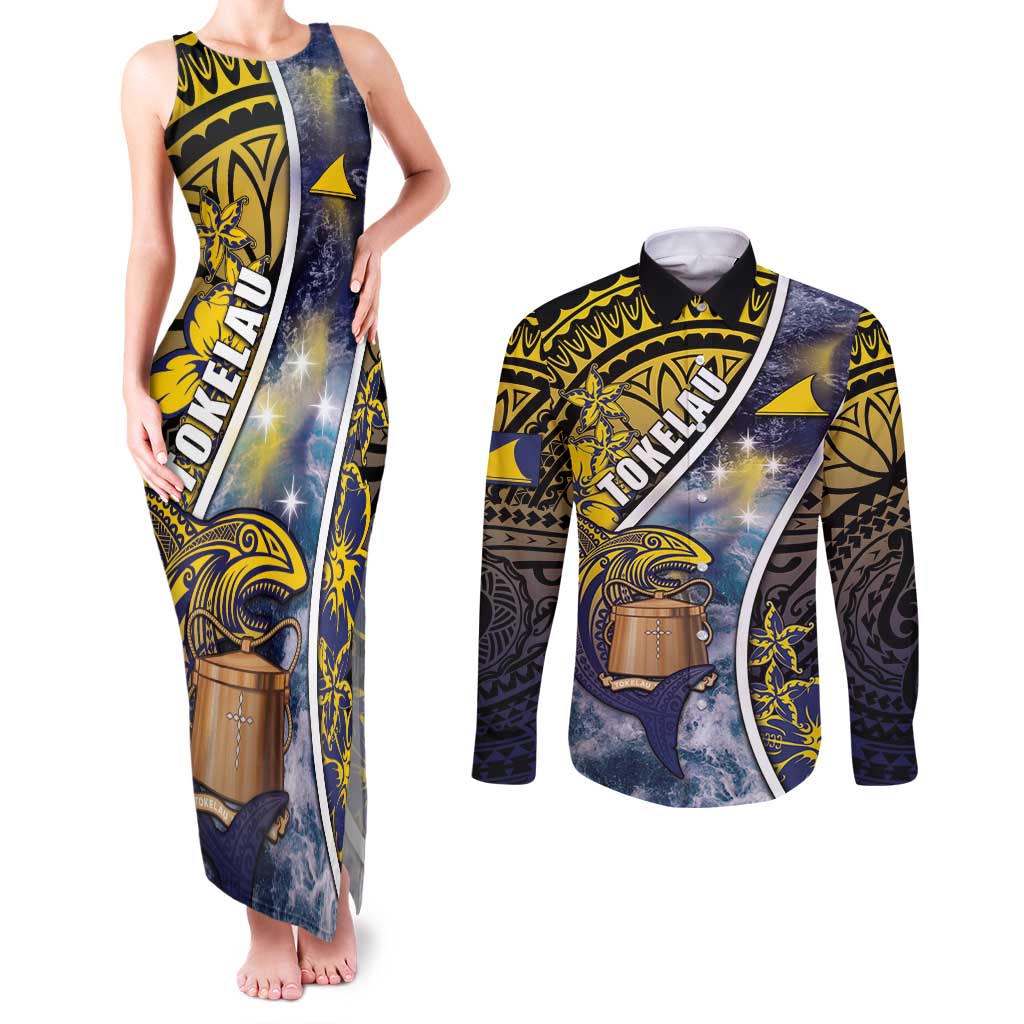 Personalised Tokelau Couples Matching Tank Maxi Dress and Long Sleeve Button Shirt National Badge Waves Style