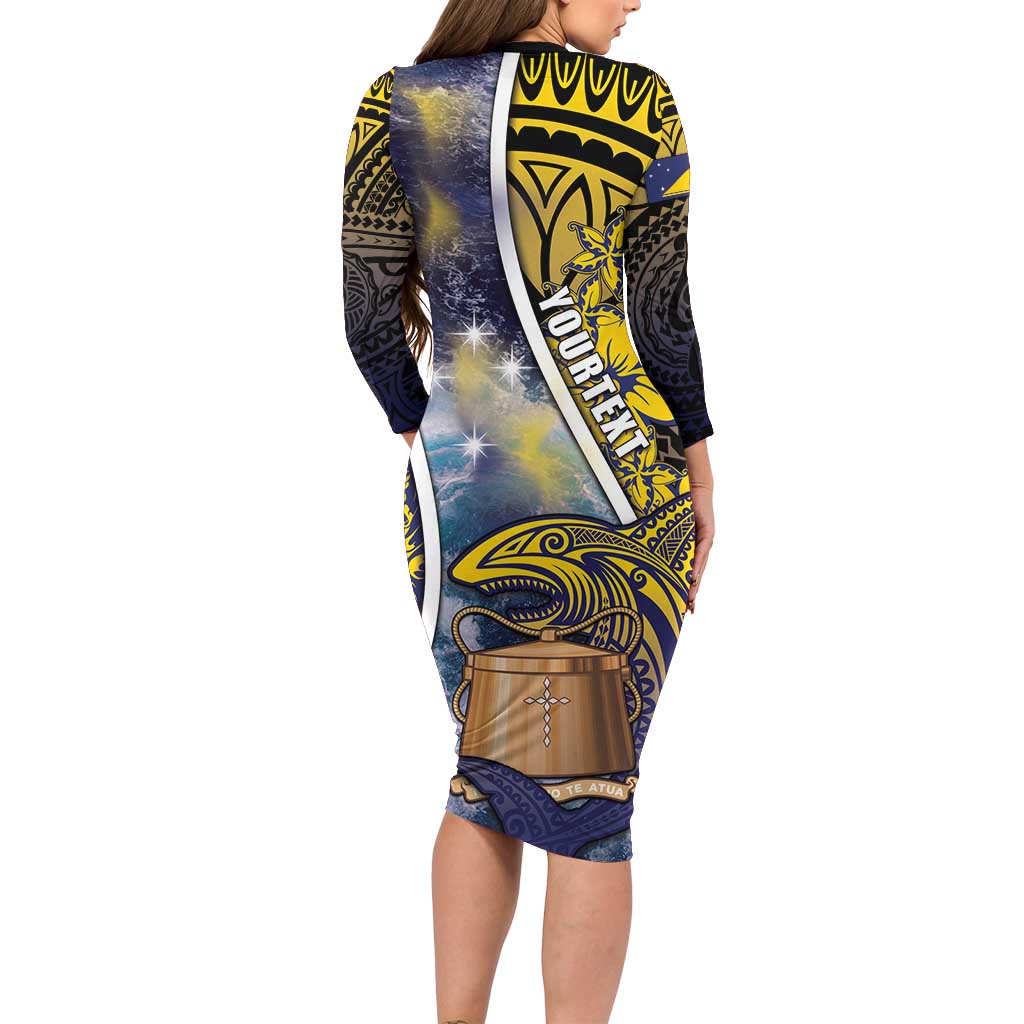 Personalised Tokelau Family Matching Long Sleeve Bodycon Dress and Hawaiian Shirt National Badge Waves Style