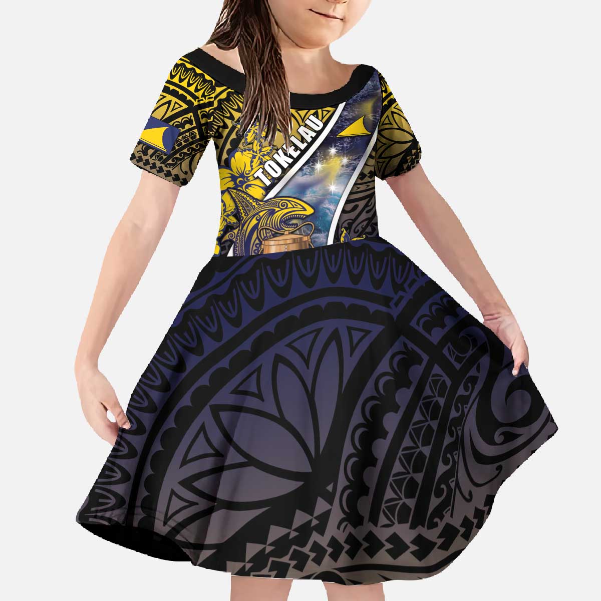 Personalised Tokelau Family Matching Off The Shoulder Long Sleeve Dress and Hawaiian Shirt National Badge Waves Style