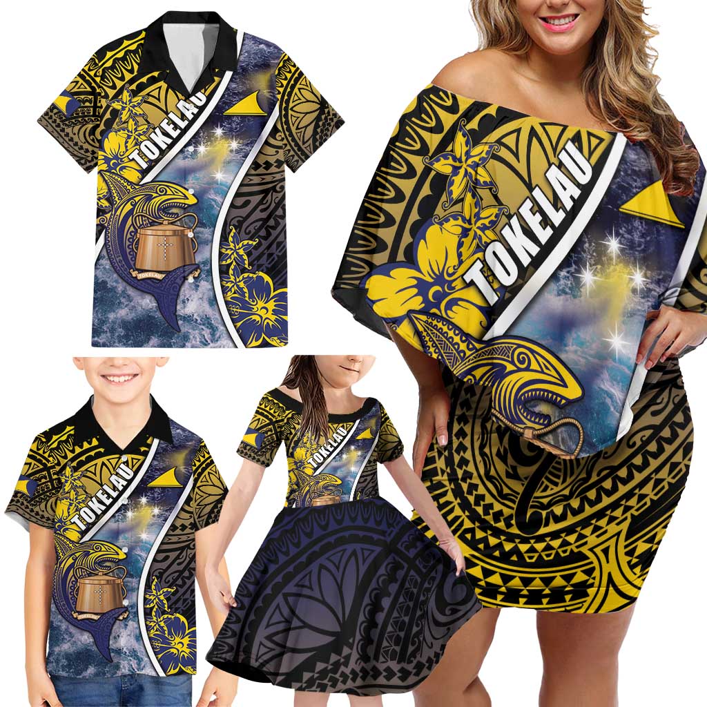 Personalised Tokelau Family Matching Off Shoulder Short Dress and Hawaiian Shirt National Badge Waves Style