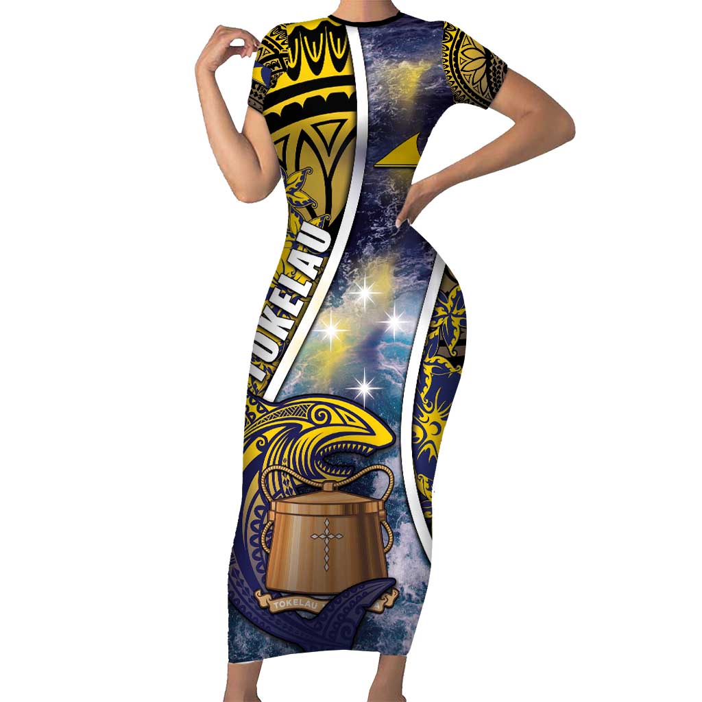 Personalised Tokelau Family Matching Short Sleeve Bodycon Dress and Hawaiian Shirt National Badge Waves Style