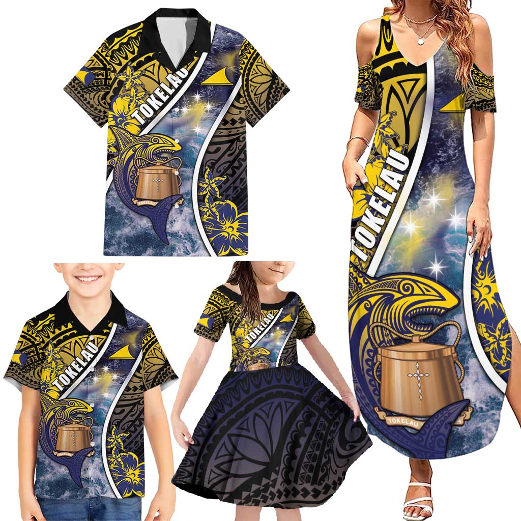 Personalised Tokelau Family Matching Summer Maxi Dress and Hawaiian Shirt National Badge Waves Style