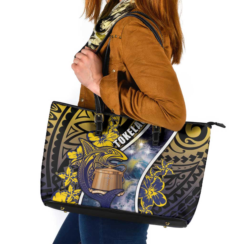 Tokelau Leather Tote Bag National Badge Waves Style DT05 Yellow - Polynesian Pride