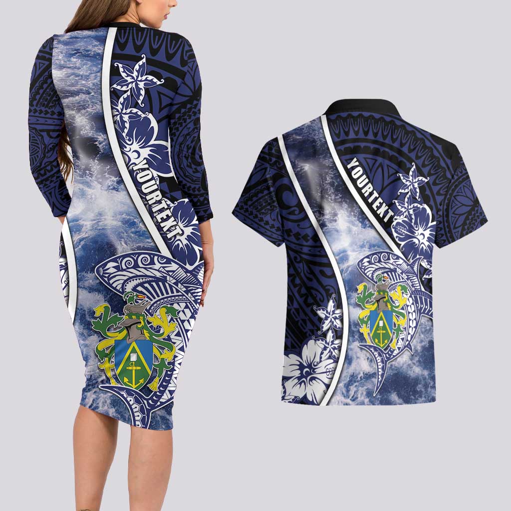 Personalised Pitcairn Islands Couples Matching Long Sleeve Bodycon Dress and Hawaiian Shirt Coat Of Arms Waves Style