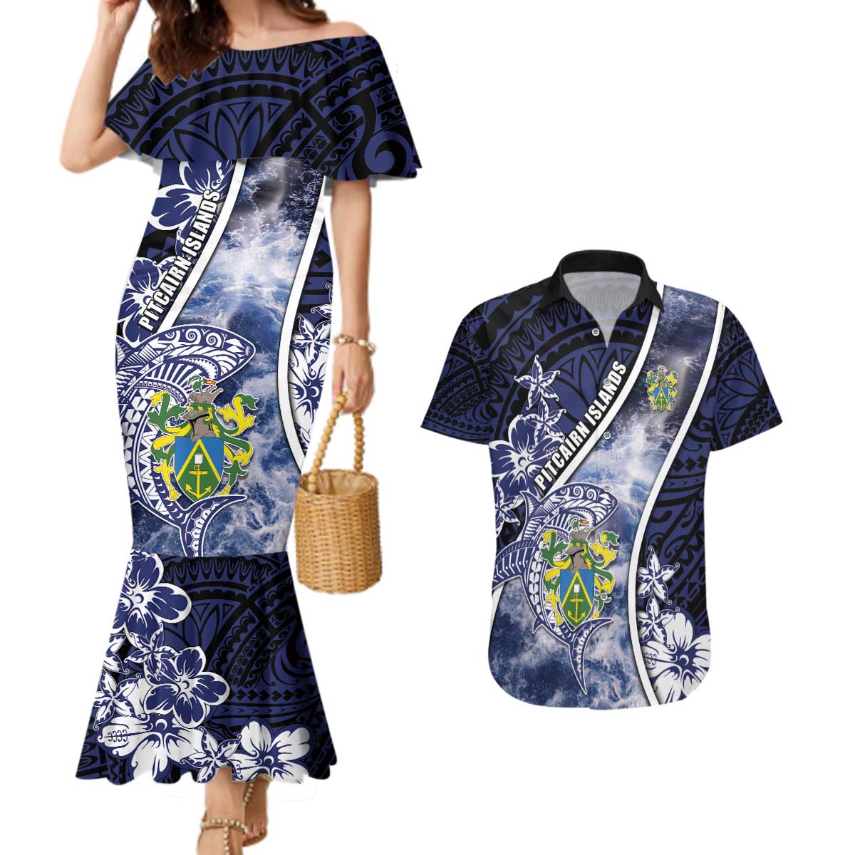Personalised Pitcairn Islands Couples Matching Mermaid Dress and Hawaiian Shirt Coat Of Arms Waves Style