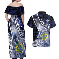 Personalised Pitcairn Islands Couples Matching Off Shoulder Maxi Dress and Hawaiian Shirt Coat Of Arms Waves Style