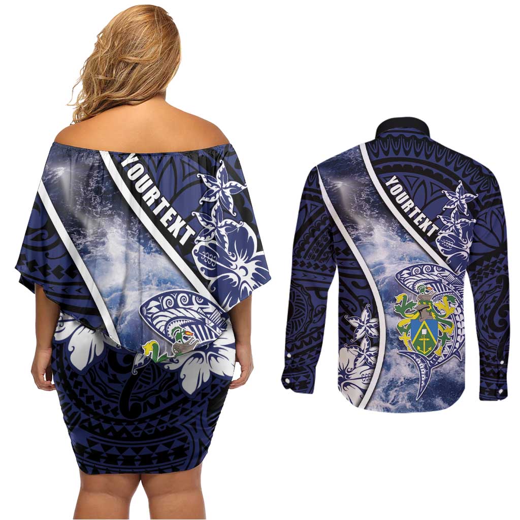 Personalised Pitcairn Islands Couples Matching Off Shoulder Short Dress and Long Sleeve Button Shirt Coat Of Arms Waves Style