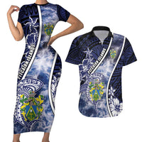 Personalised Pitcairn Islands Couples Matching Short Sleeve Bodycon Dress and Hawaiian Shirt Coat Of Arms Waves Style
