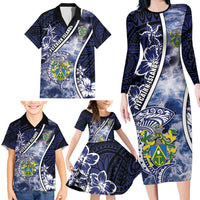 Personalised Pitcairn Islands Family Matching Long Sleeve Bodycon Dress and Hawaiian Shirt Coat Of Arms Waves Style