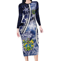 Personalised Pitcairn Islands Family Matching Long Sleeve Bodycon Dress and Hawaiian Shirt Coat Of Arms Waves Style