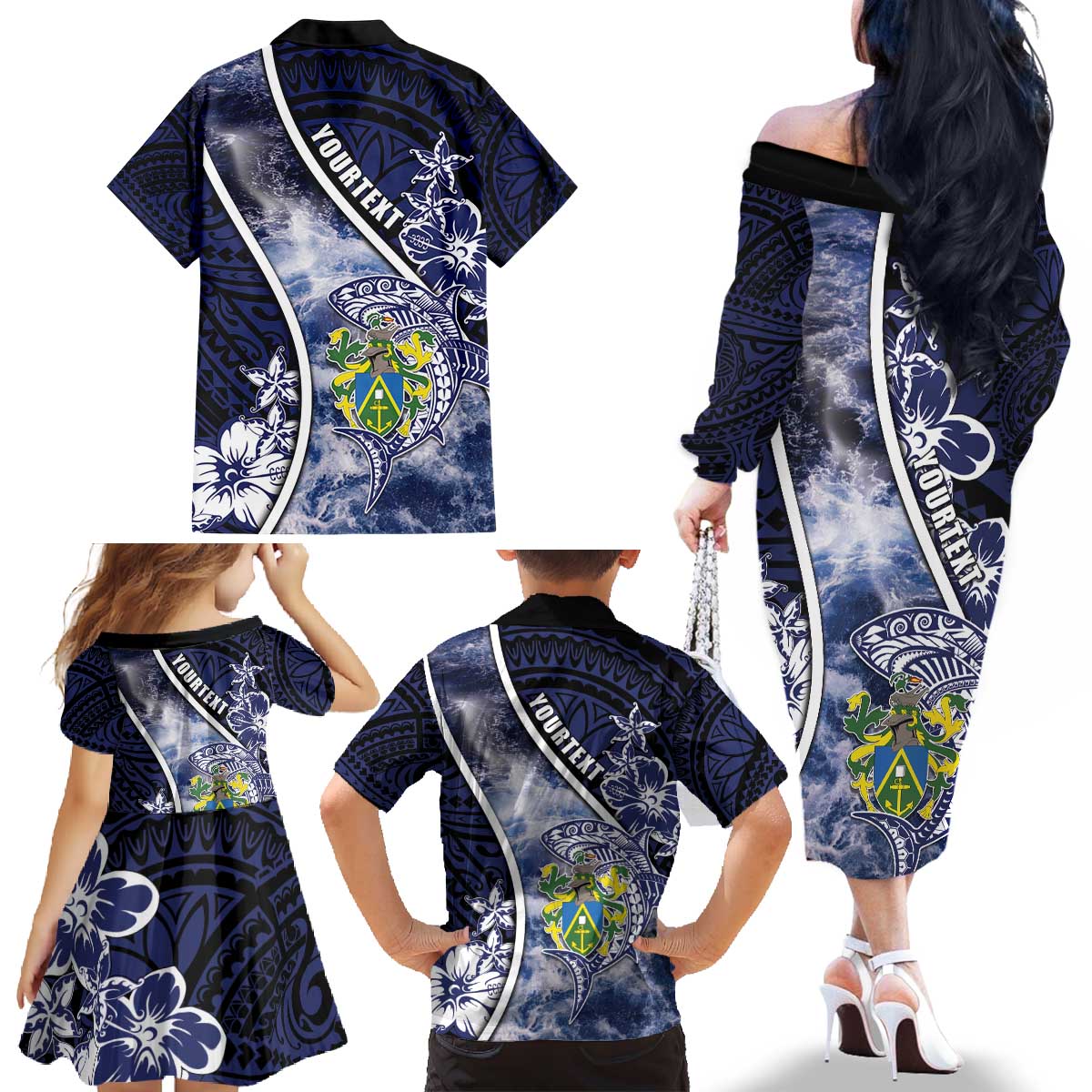 Personalised Pitcairn Islands Family Matching Off The Shoulder Long Sleeve Dress and Hawaiian Shirt Coat Of Arms Waves Style