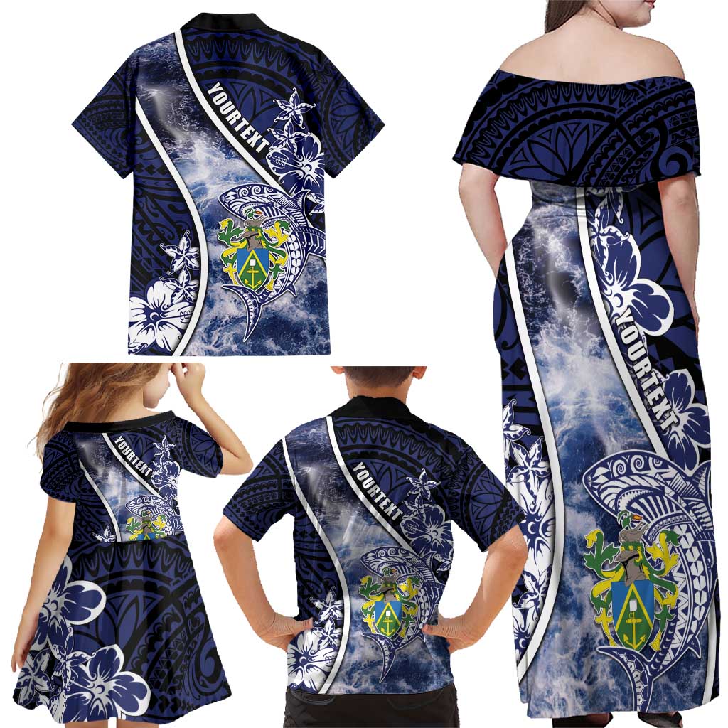 Personalised Pitcairn Islands Family Matching Off Shoulder Maxi Dress and Hawaiian Shirt Coat Of Arms Waves Style