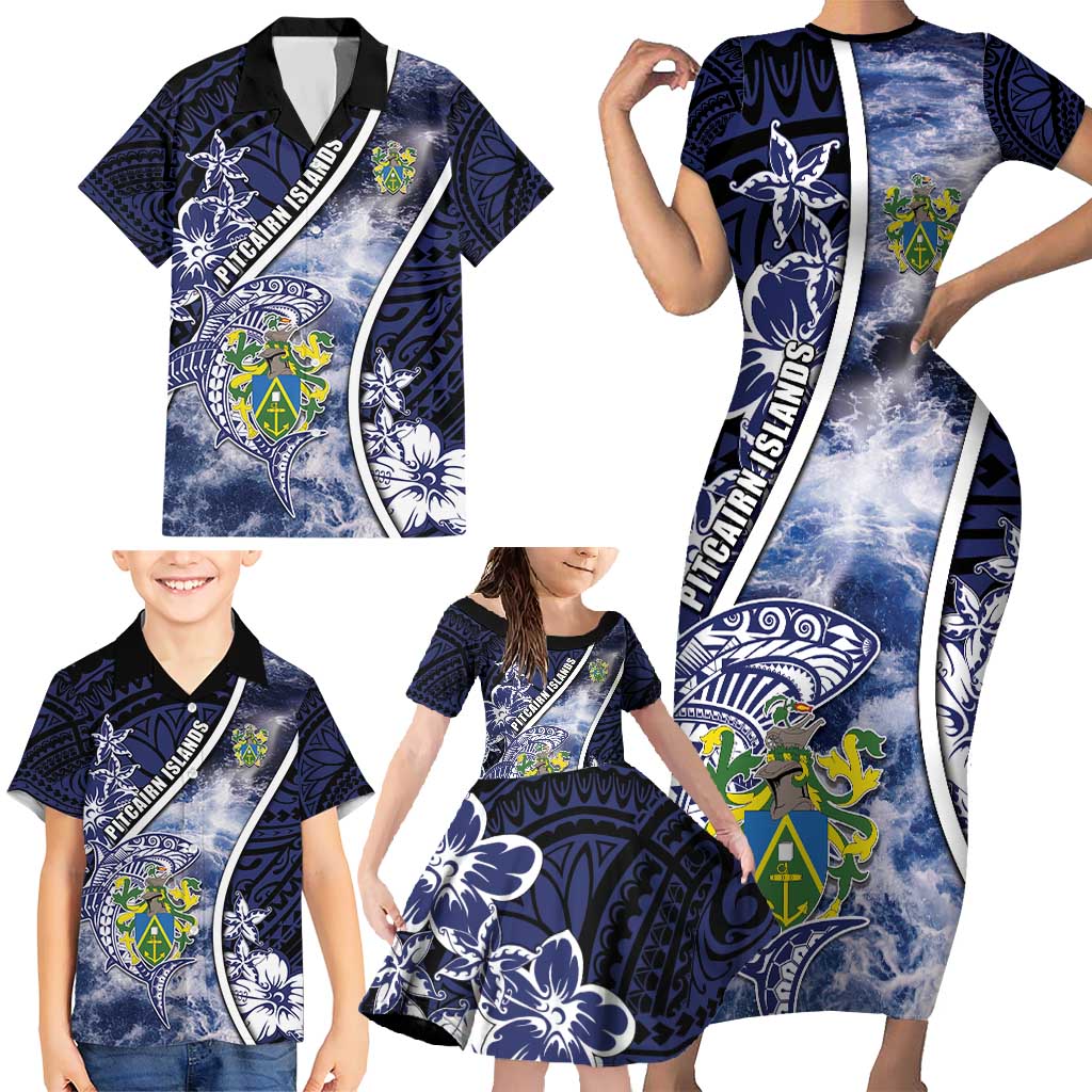 Personalised Pitcairn Islands Family Matching Short Sleeve Bodycon Dress and Hawaiian Shirt Coat Of Arms Waves Style