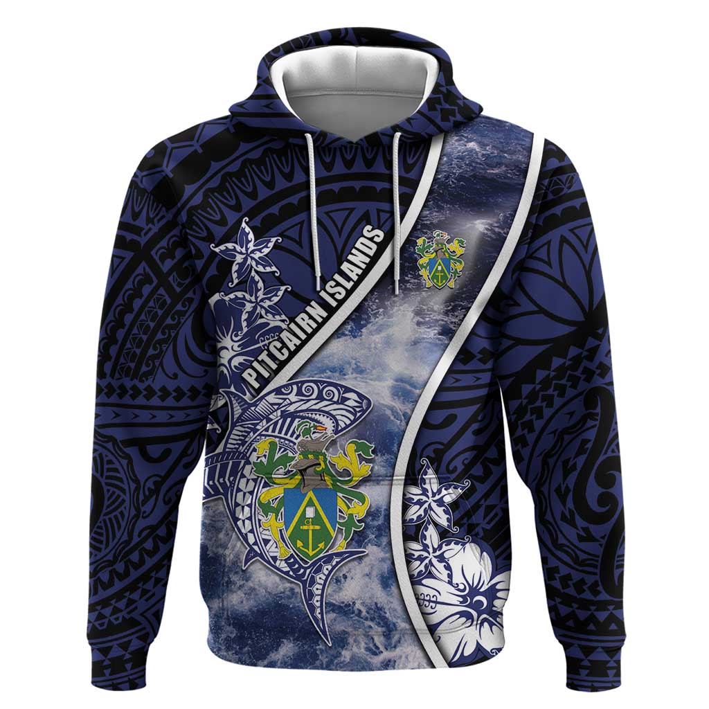 Personalised Pitcairn Islands Hoodie Coat Of Arms Waves Style DT05 Pullover Hoodie Navy - Polynesian Pride