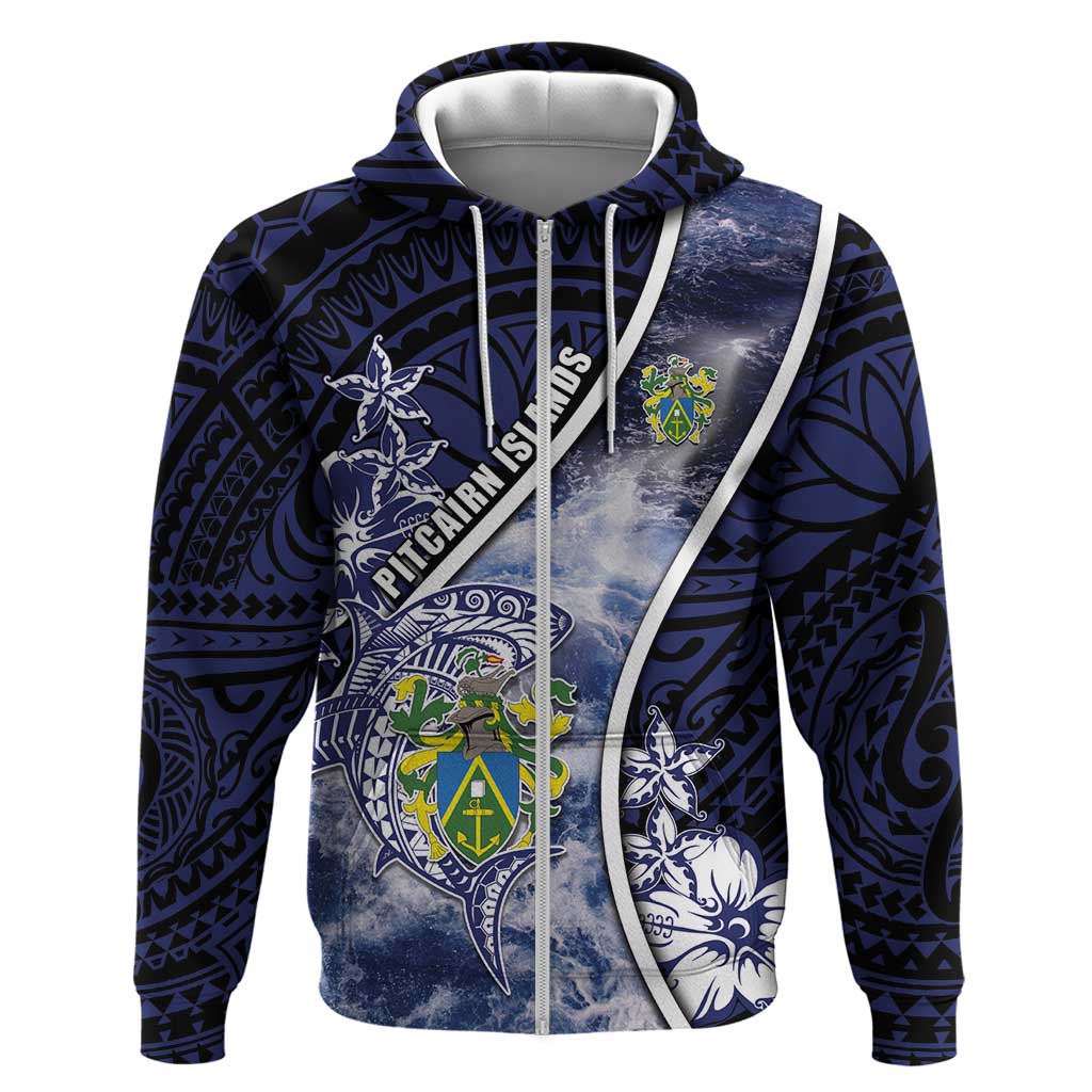 Personalised Pitcairn Islands Hoodie Coat Of Arms Waves Style DT05 Zip Hoodie Navy - Polynesian Pride