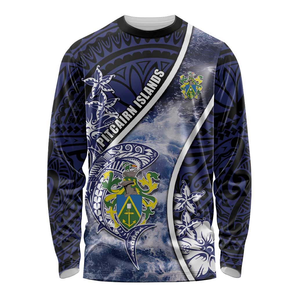 Personalised Pitcairn Islands Long Sleeve Shirt Coat Of Arms Waves Style DT05 Unisex Navy - Polynesian Pride