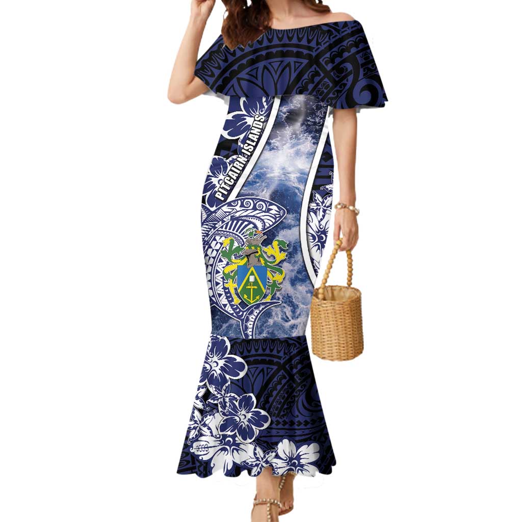 Personalised Pitcairn Islands Mermaid Dress Coat Of Arms Waves Style DT05 Women Navy - Polynesian Pride