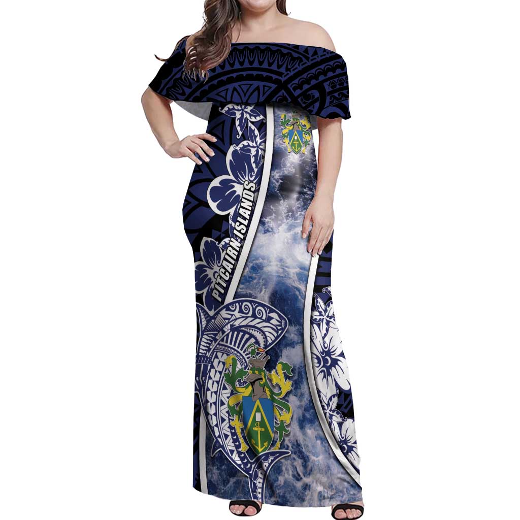 Personalised Pitcairn Islands Off Shoulder Maxi Dress Coat Of Arms Waves Style