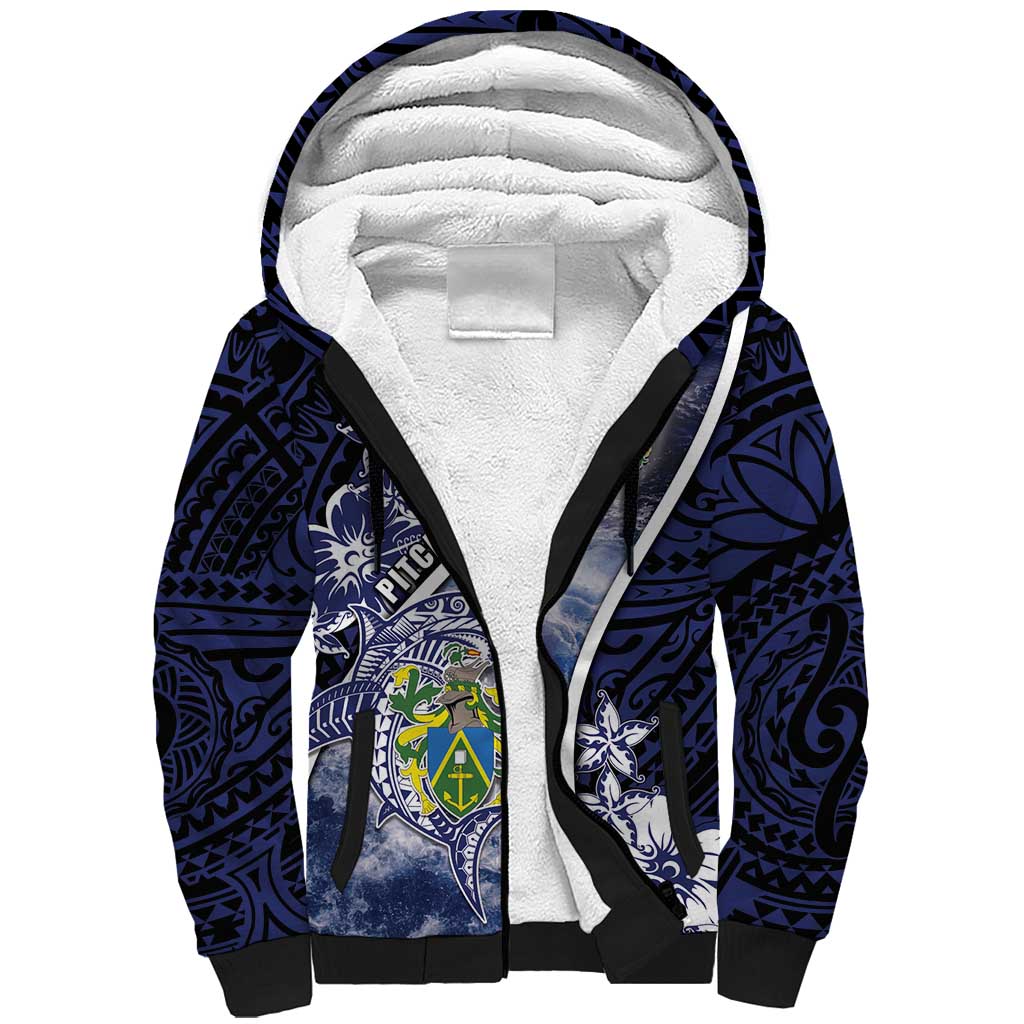 Personalised Pitcairn Islands Sherpa Hoodie Coat Of Arms Waves Style