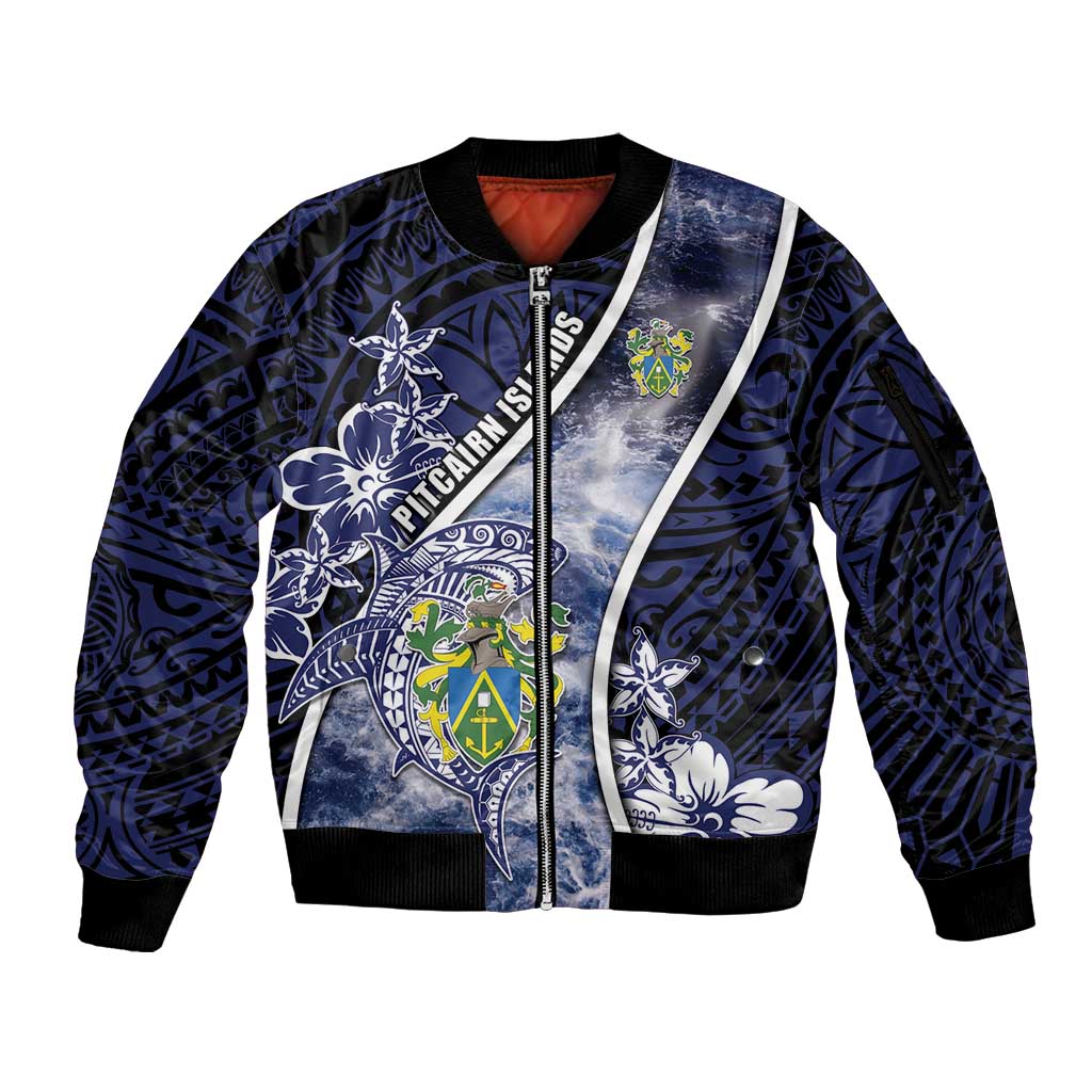 Personalised Pitcairn Islands Sleeve Zip Bomber Jacket Coat Of Arms Waves Style DT05 Unisex Navy - Polynesian Pride