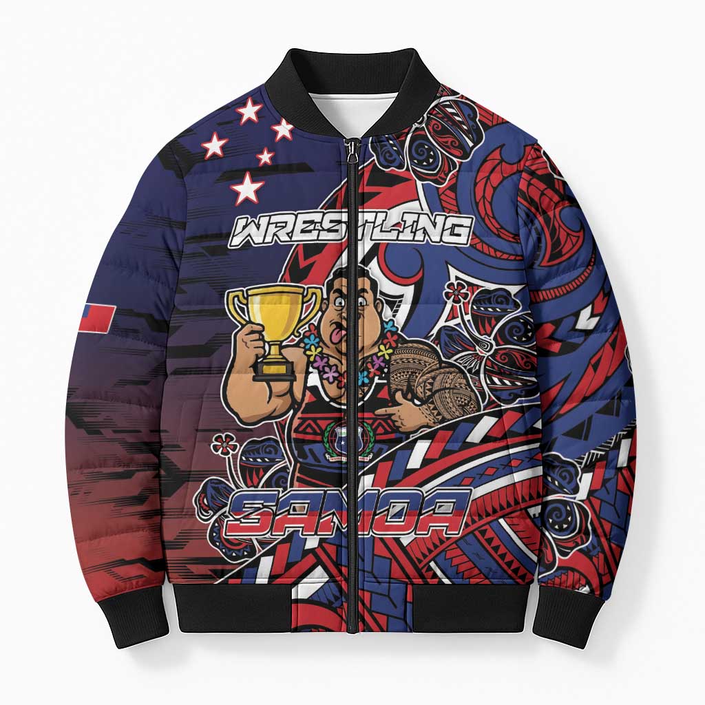 Personalised Samoa Wrestling Bomber Puffer Jacket Polynesian Warrior Funny Style - Polynesian Pride