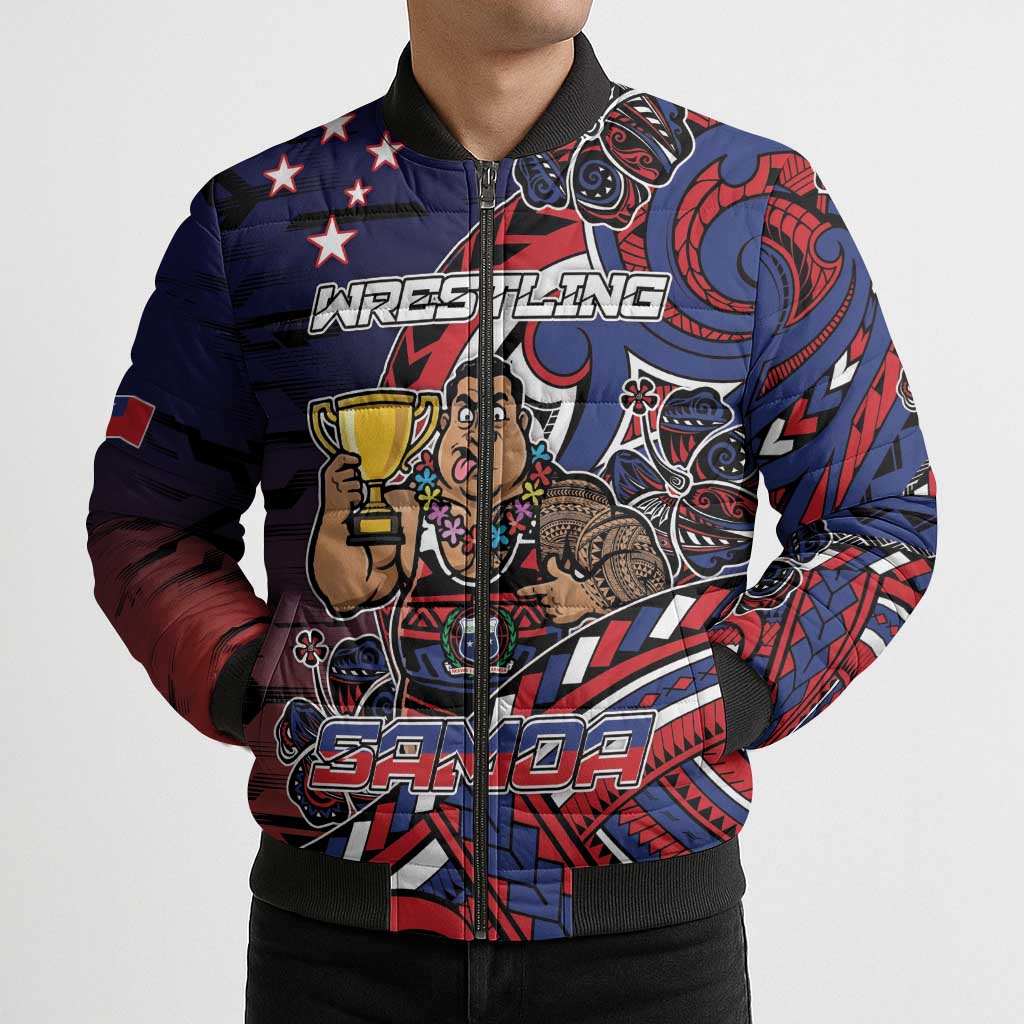 Personalised Samoa Wrestling Bomber Puffer Jacket Polynesian Warrior Funny Style - Polynesian Pride