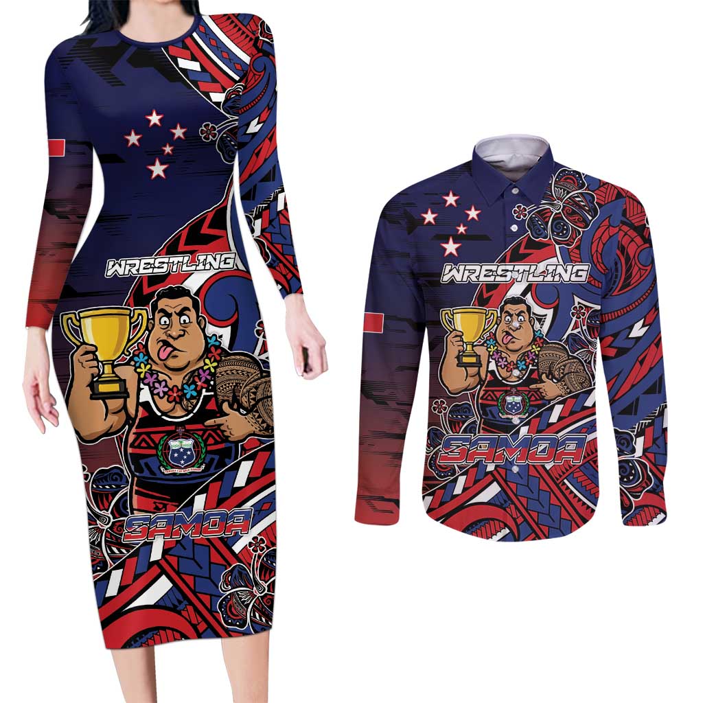 Personalised Samoa Wrestling Couples Matching Long Sleeve Bodycon Dress and Long Sleeve Button Shirt Polynesian Warrior Funny Style - Polynesian Pride