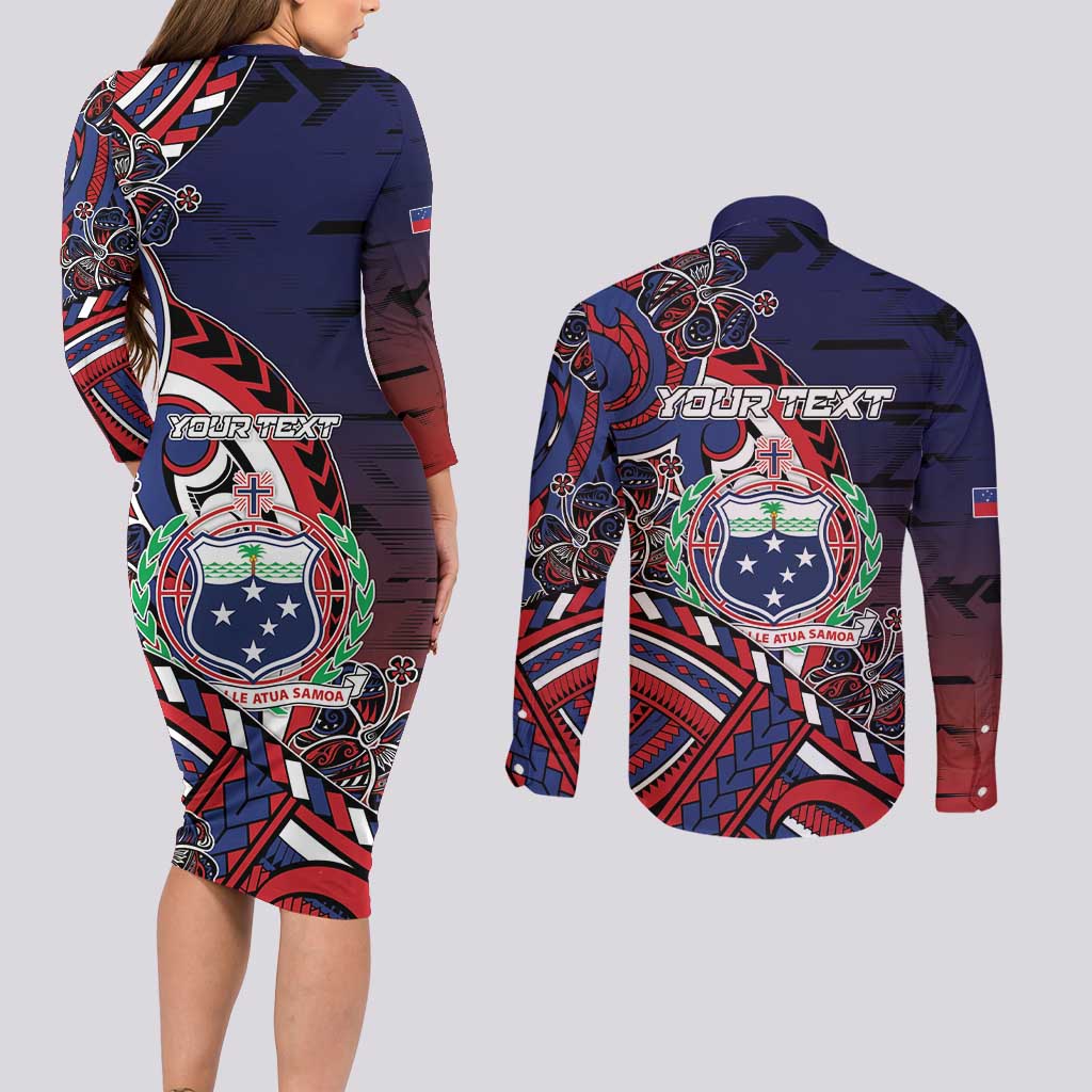 Personalised Samoa Wrestling Couples Matching Long Sleeve Bodycon Dress and Long Sleeve Button Shirt Polynesian Warrior Funny Style - Polynesian Pride