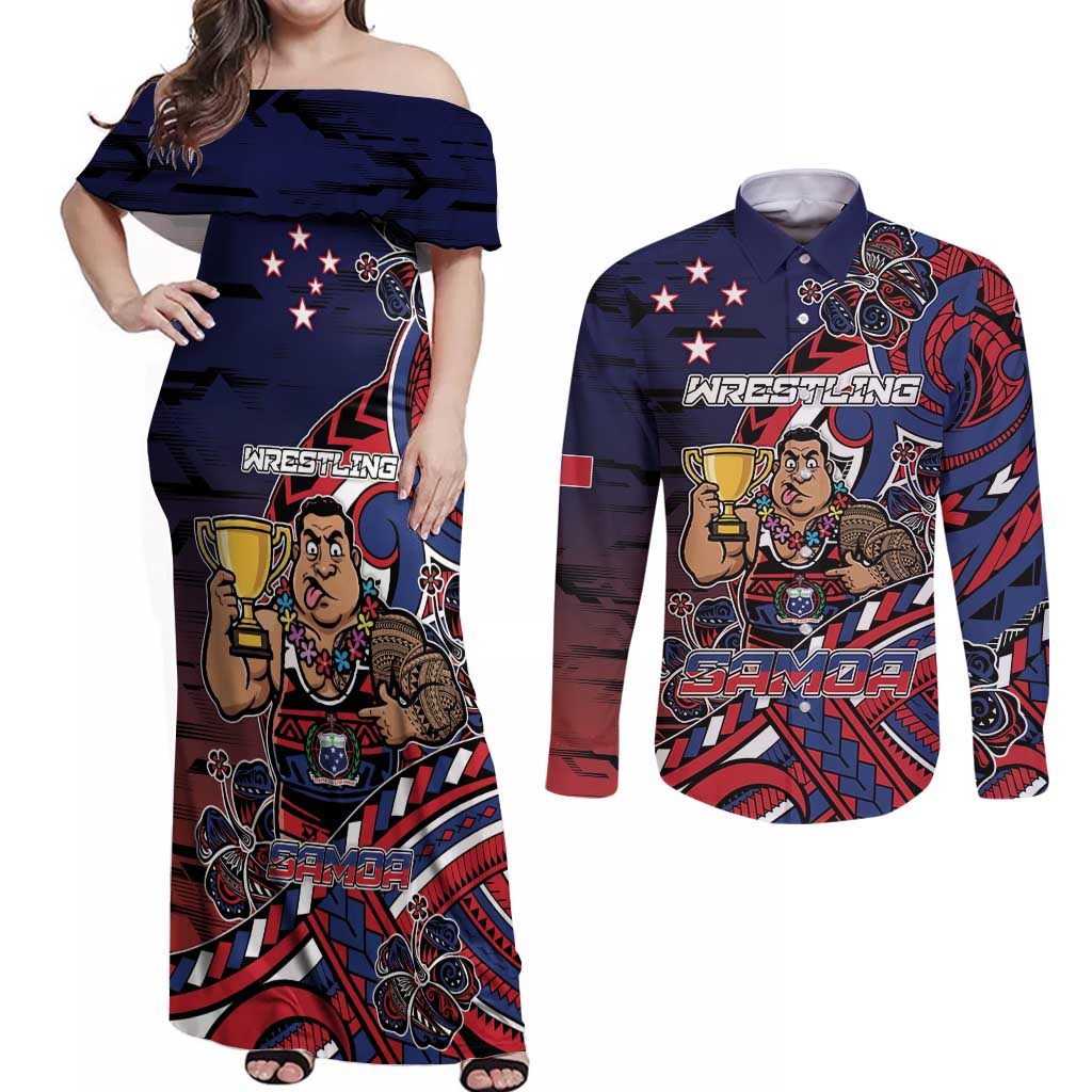 Personalised Samoa Wrestling Couples Matching Off Shoulder Maxi Dress and Long Sleeve Button Shirt Polynesian Warrior Funny Style - Polynesian Pride
