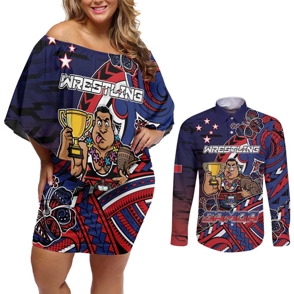 Personalised Samoa Wrestling Couples Matching Off Shoulder Short Dress and Long Sleeve Button Shirt Polynesian Warrior Funny Style - Polynesian Pride