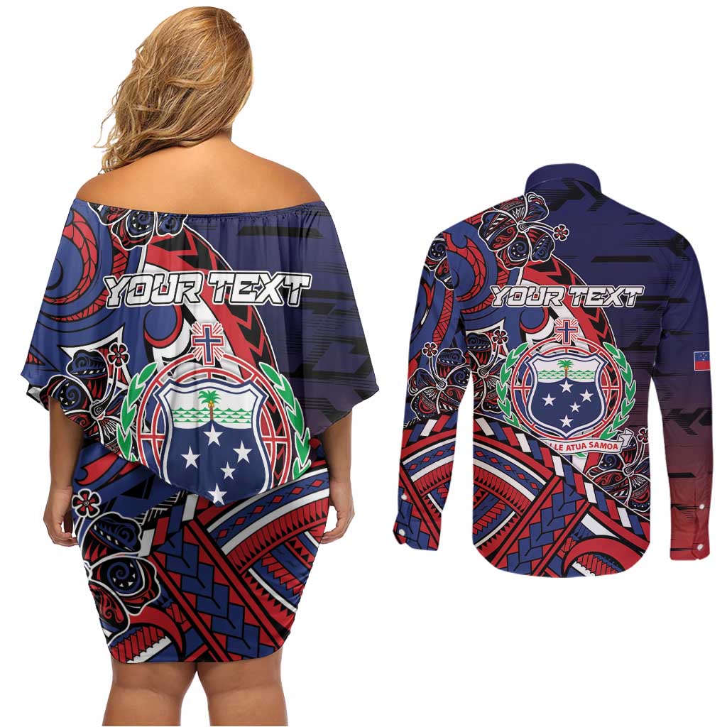 Personalised Samoa Wrestling Couples Matching Off Shoulder Short Dress and Long Sleeve Button Shirt Polynesian Warrior Funny Style - Polynesian Pride