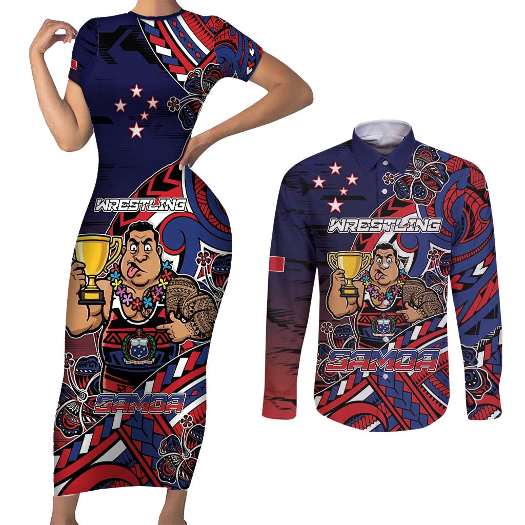 Personalised Samoa Wrestling Couples Matching Short Sleeve Bodycon Dress and Long Sleeve Button Shirt Polynesian Warrior Funny Style - Polynesian Pride