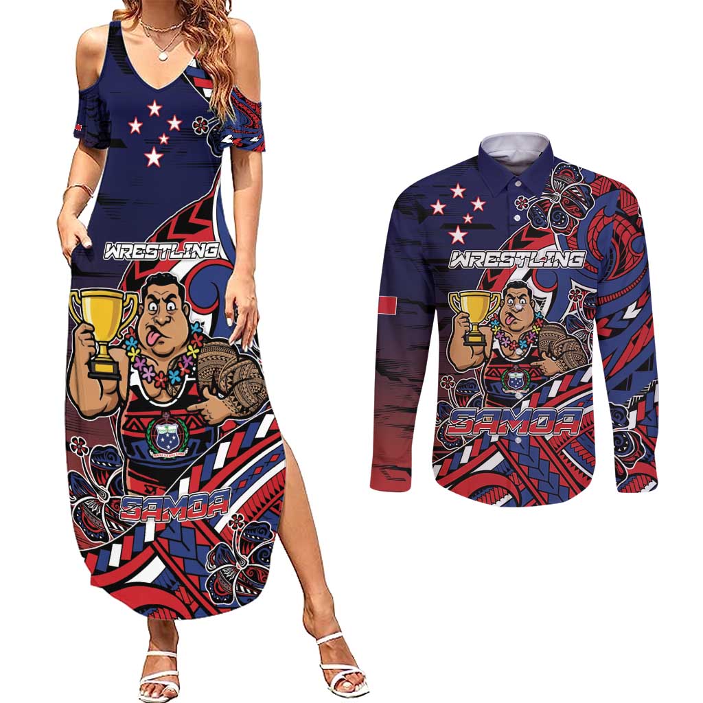 Personalised Samoa Wrestling Couples Matching Summer Maxi Dress and Long Sleeve Button Shirt Polynesian Warrior Funny Style - Polynesian Pride