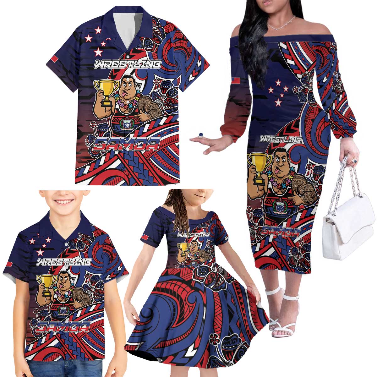 Personalised Samoa Wrestling Family Matching Off The Shoulder Long Sleeve Dress and Hawaiian Shirt Polynesian Warrior Funny Style - Polynesian Pride