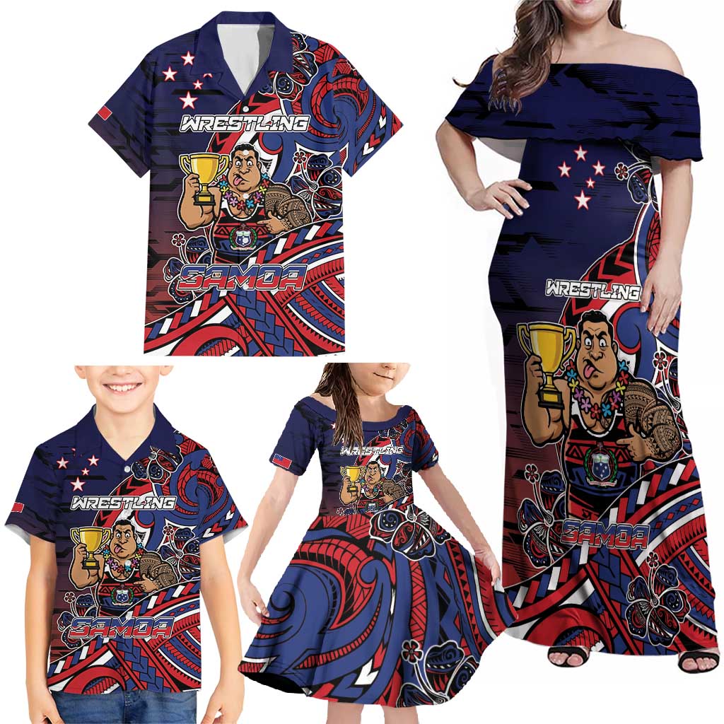 Personalised Samoa Wrestling Family Matching Off Shoulder Maxi Dress and Hawaiian Shirt Polynesian Warrior Funny Style - Polynesian Pride