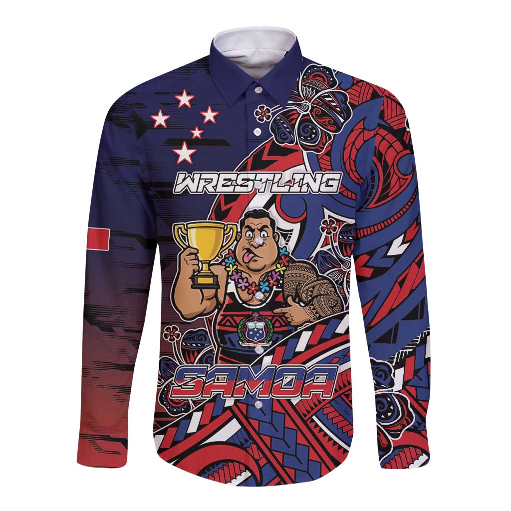 Personalised Samoa Wrestling Long Sleeve Button Shirt Polynesian Warrior Funny Style - Polynesian Pride