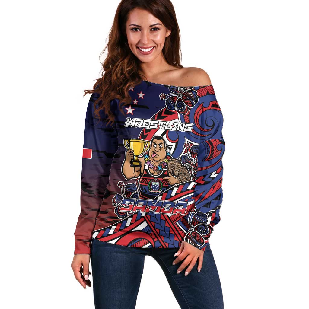 Personalised Samoa Wrestling Off Shoulder Sweater Polynesian Warrior Funny Style - Polynesian Pride
