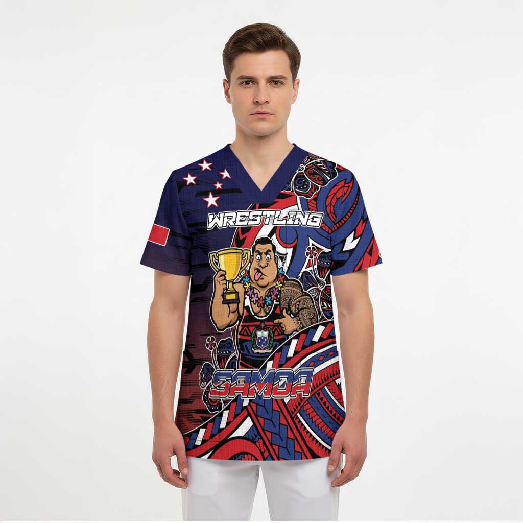 Personalised Samoa Wrestling Scrub Top Polynesian Warrior Funny Style - Polynesian Pride
