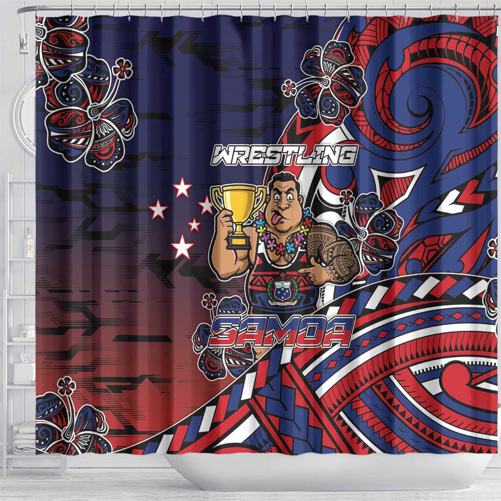 Samoa Wrestling Shower Curtain Polynesian Warrior Funny Style - Polynesian Pride