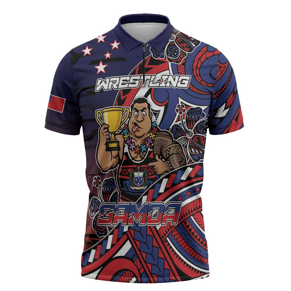 Personalised Samoa Wrestling Zipper Polo Shirt Polynesian Warrior Funny Style - Polynesian Pride