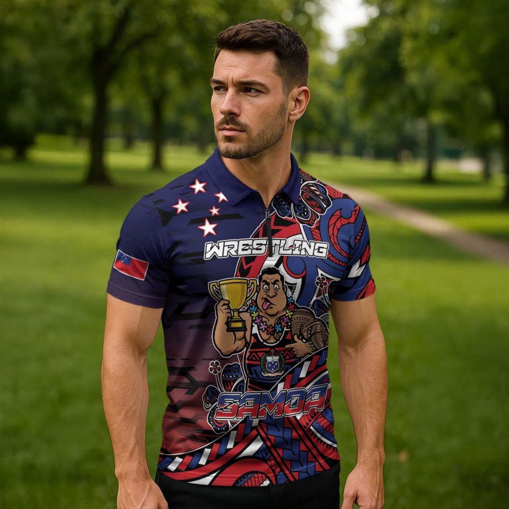 Personalised Samoa Wrestling Zipper Polo Shirt Polynesian Warrior Funny Style - Polynesian Pride