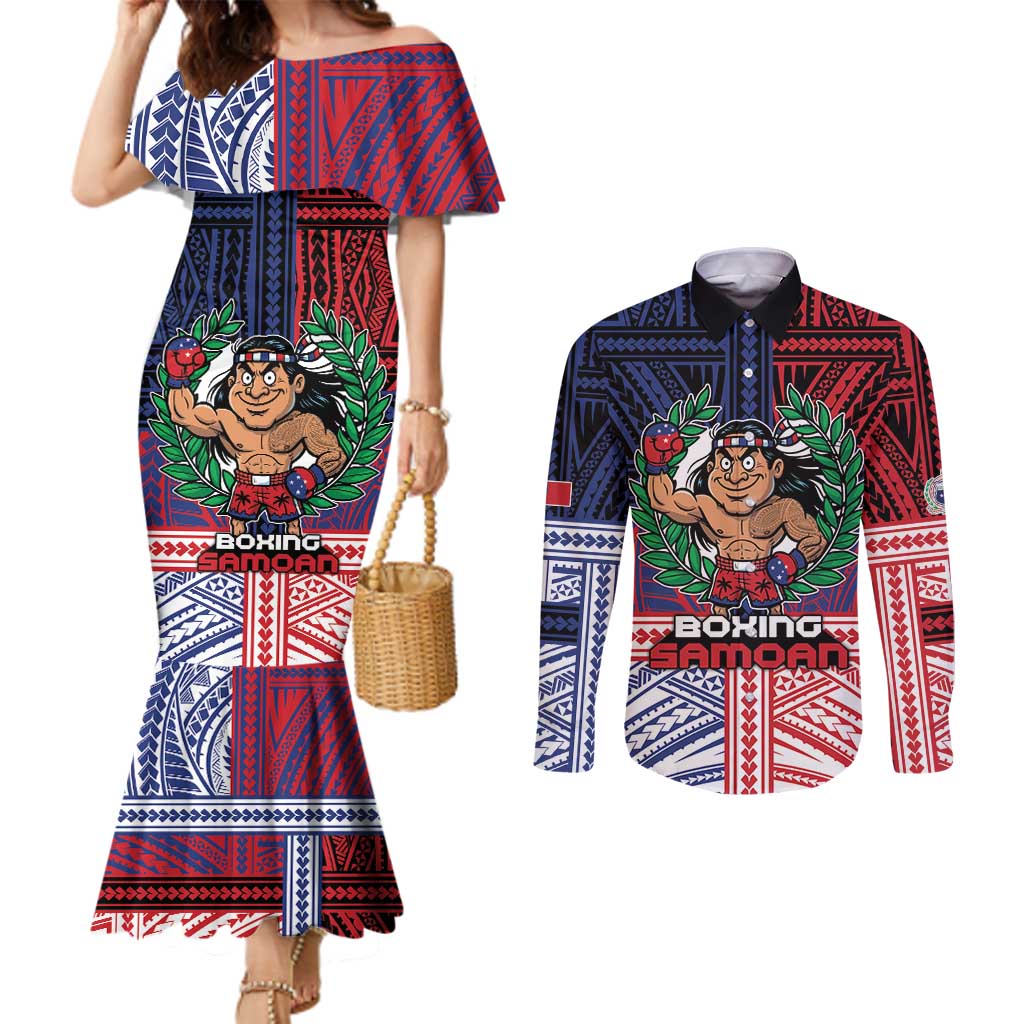 Personalised Samoa Boxing Couples Matching Mermaid Dress and Long Sleeve Button Shirt Samoan Boxer Funny Style DT05 Red - Polynesian Pride