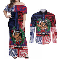 Personalised Samoa Boxing Couples Matching Off Shoulder Maxi Dress and Long Sleeve Button Shirt Samoan Boxer Funny Style - Polynesian Pride