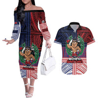 Personalised Samoa Boxing Couples Matching Off The Shoulder Long Sleeve Dress and Hawaiian Shirt Samoan Boxer Funny Style DT05 Red - Polynesian Pride
