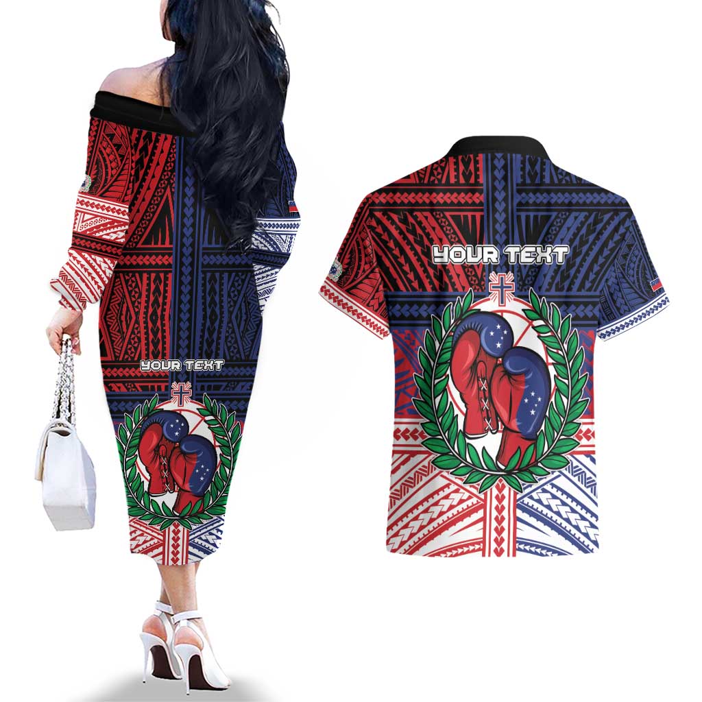 Personalised Samoa Boxing Couples Matching Off The Shoulder Long Sleeve Dress and Hawaiian Shirt Samoan Boxer Funny Style DT05 - Polynesian Pride