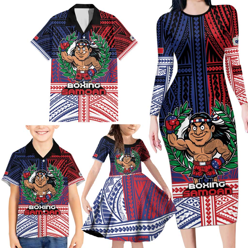 Personalised Samoa Boxing Family Matching Long Sleeve Bodycon Dress and Hawaiian Shirt Samoan Boxer Funny Style DT05 - Polynesian Pride
