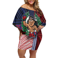 Personalised Samoa Boxing Family Matching Off Shoulder Short Dress and Hawaiian Shirt Samoan Boxer Funny Style DT05 Mom's Dress Red - Polynesian Pride
