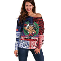 Personalised Samoa Boxing Off Shoulder Sweater Samoan Boxer Funny Style DT05 Women Red - Polynesian Pride
