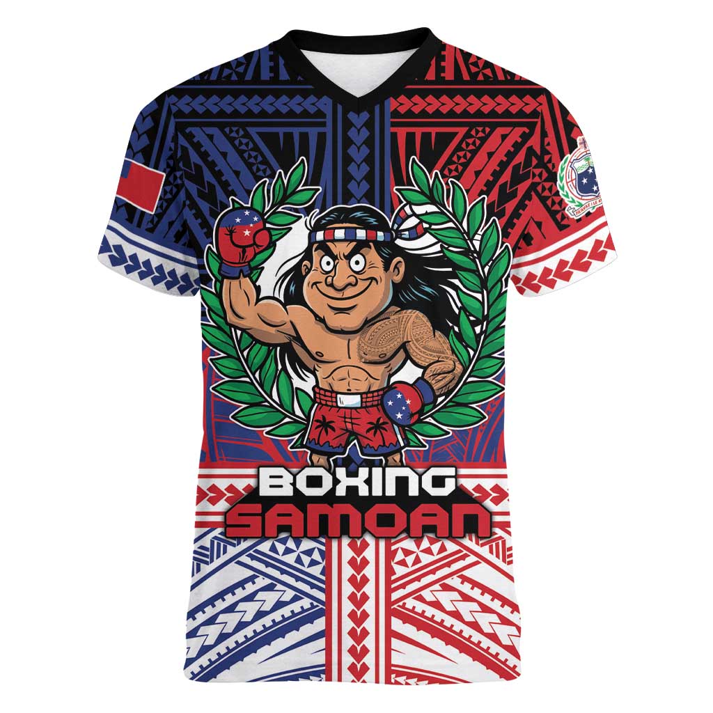 Personalised Samoa Boxing Women V-Neck T-Shirt Samoan Boxer Funny Style DT05 Female Red - Polynesian Pride