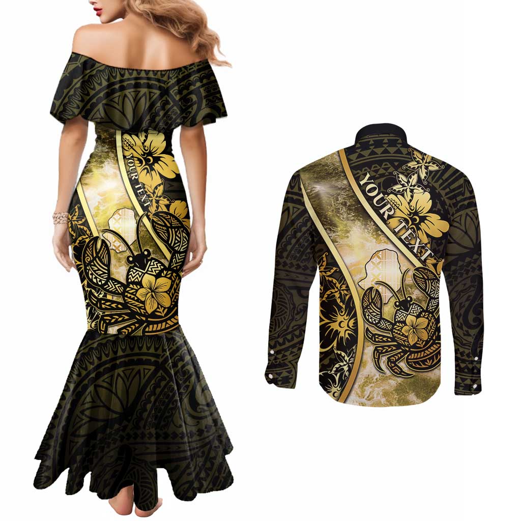 Personalised Niue Couples Matching Mermaid Dress and Long Sleeve Button Shirt Niuean Crab Waves Style